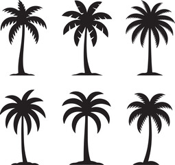 Fototapeta premium Collection of six black silhouette palm trees on a white background