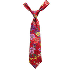 Red silk necktie with vibrant floral pattern