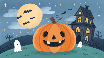 Fototapeta premium Whimsical halloween night scene with a large jack o lantern and haunted house