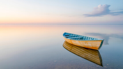 Naklejka premium A serene photograph of a wooden rowboat floating on perfectly still water during sunrise.