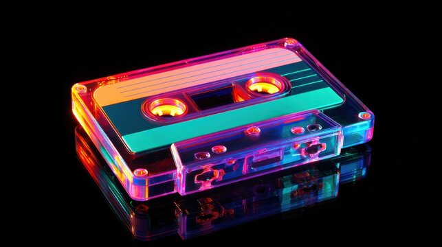 Colorful cassette tape with vibrant neon lights and reflections, perfect for retro music themes.