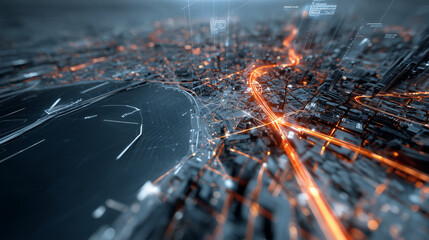 A digital twin visualization of a city's sanitation or utility system managed by AI.