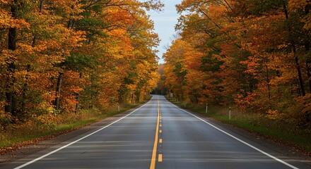 Naklejka premium Empty Road in Autumn Forest with Colorful Foliage and Clear Sky