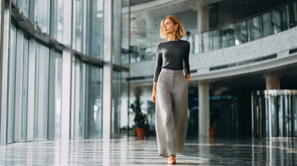 Confident woman walking through a modern office space, showcasing contemporary professional style and architecture.