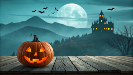 Spooky halloween night with glowing jack o lantern and haunted castle