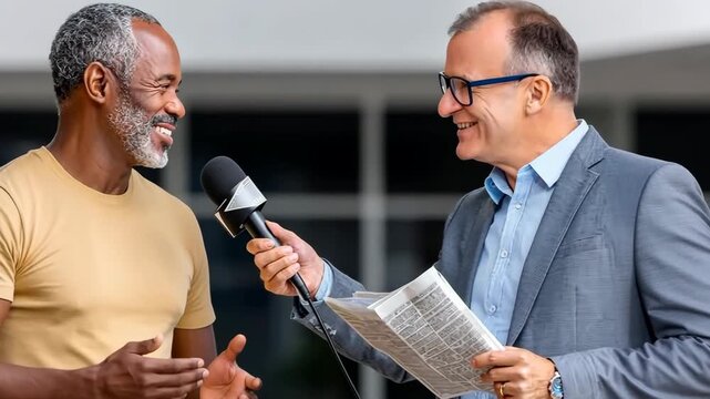 Interview between two men outside a building with one holding a newspaper and the other a microphone while smiling and engaging in conversation