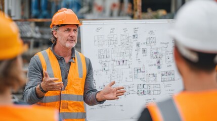 Construction manager briefing workers on project plans in safety gear on construction site with blueprints.