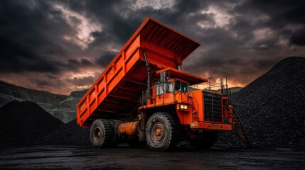 The impressive dump truck maneuvering through a dramatic mining landscape.