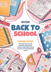 Back to school poster template. Cute school banner with books, textbooks and stationery. Cheerful flat design for school, preschool, stationery advertising, sale or social media. Vector illustration