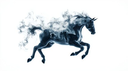 Fototapeta premium A magnificent black horse galloping through a cloud of ethereal smoke, symbolizing freedom and strength in motion.
