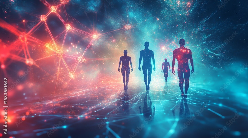 Poster illuminated human figures in an abstract design digital realm artistic visualization futuristic envi
