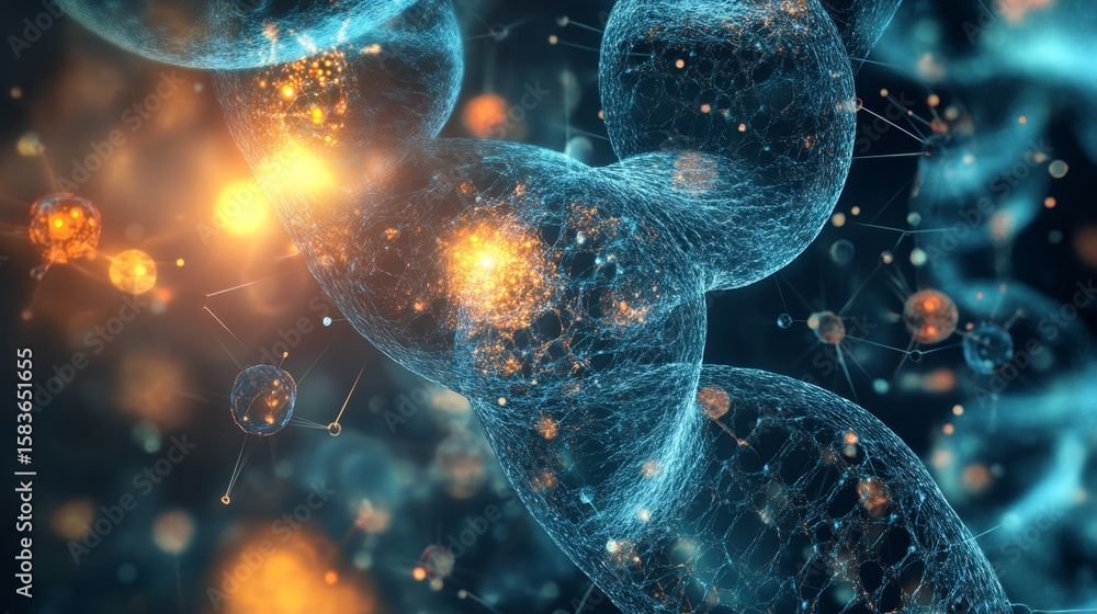 Poster illuminating human cells in a dynamic abstract environment a vivid exploration of cellular structure