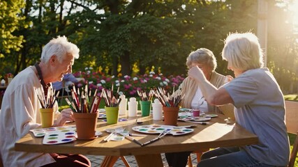 Three elderly women sitting at a table painting. Senior painting outdoors. Women are a creative arts. Three older women are sitting at a table, engaged in painting lifestyle.