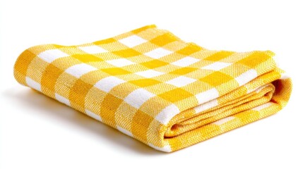 Folded, yellow and white checkered cloth napkin, slightly rumpled, casting a soft shadow on a pure white surface