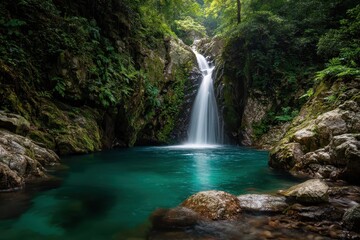 Fototapeta premium Serene waterfall cascading into a turquoise pool surrounded by verdant jungle foliage