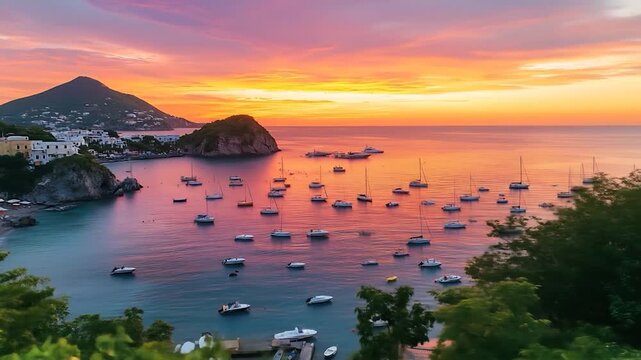 Stunning Sunset Over Ischia Island: Boats, Coastline, and Vibrant Colors