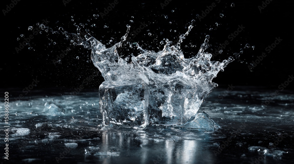 Poster dynamic splash of ice cubes creating ripples in the dark water, depicting refreshment and vitality.