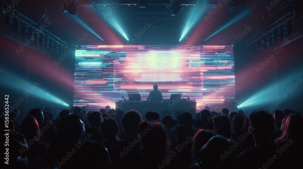Poster energetic crowd enjoying a live music performance with vibrant lights and dynamic visuals on stage.
