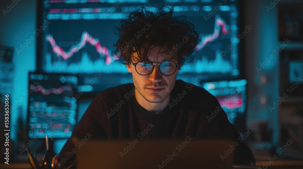 Poster focused man analyzing financial data on a laptop with stock market graphs in the background.