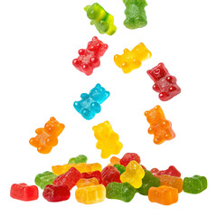 Falling colorful gummy bears isolated on transparent background  
