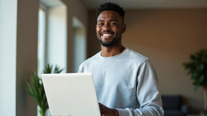 smiling african american man in casual attire holding laptop in home office. lifestyle, remote work, technology. web design, business presentation.