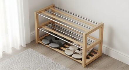 A wooden shoe rack with metal bars holding pairs of sandals in a corner of a room near a window