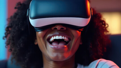 african american woman enjoying virtual reality with vr headset, smiling and laughing. immersive digital experience. technology and innovation. entertainment, gaming, future tech