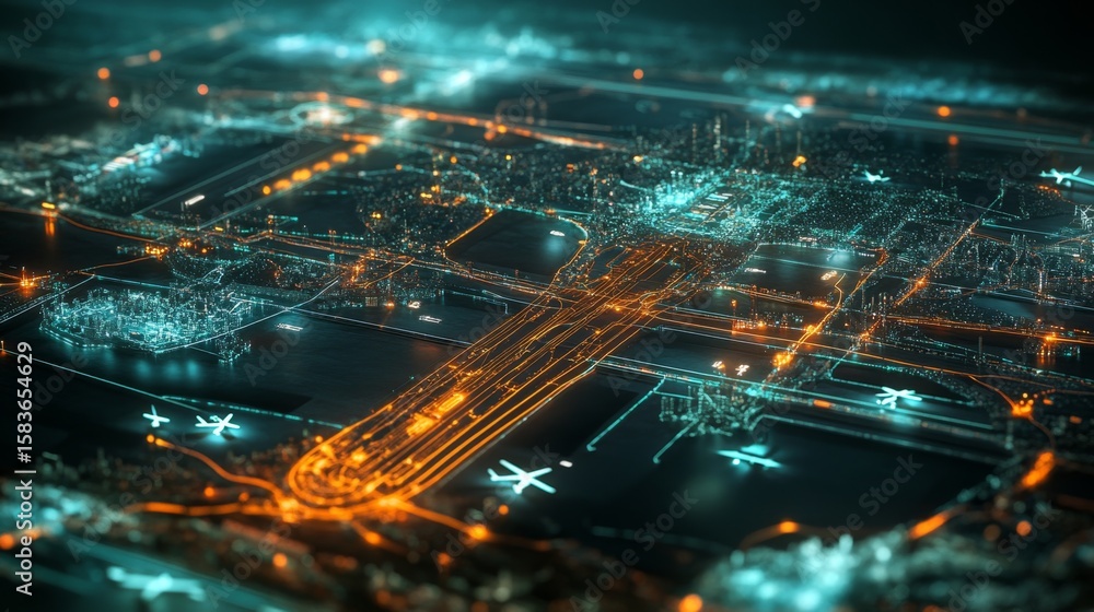 Poster exploring a high-tech world map of glowing distribution data in a futuristic urban landscape from an