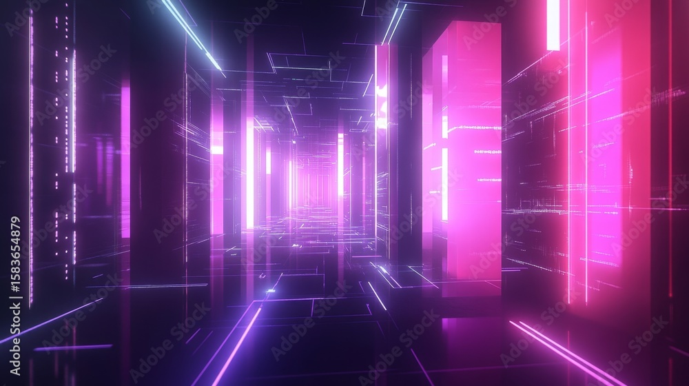Poster exploring a high-tech cyberspace glowing digital grids in a futuristic environment from a virtual pe