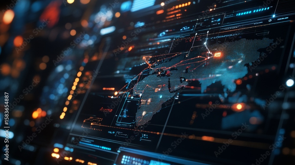 Poster high-tech digital interface interactive global map and connectivity in a futuristic virtual environm