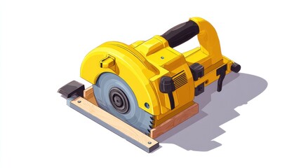 Fototapeta premium Isometric yellow circular saw cutting wood with a black handle on a white background
