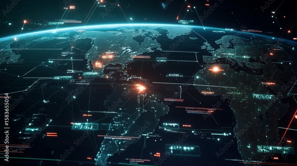 Poster exploring global connectivity through a high-tech digital interface virtual environment interactive 