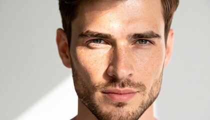 Fototapeta premium Close-up portrait of a young man with light freckles, short brown hair, and a focused gaze under natural lighting.