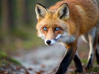Fototapeta premium Red fox with striking blue eyes walking in a forest high resolution photo