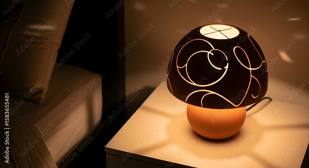Poster illuminated bedside lamp with decorative cutouts casting light patterns in a darkened bedroom settin