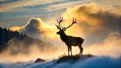 Majestic Elk Silhouette: Proud and Frosty Antlers on a Mist-Shrouded Summit
