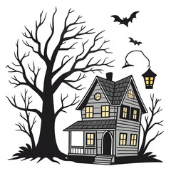 Spooky haunted house illustration with broken windows eerie atmosphere and dark night setting perfect for halloween or horror themed designs