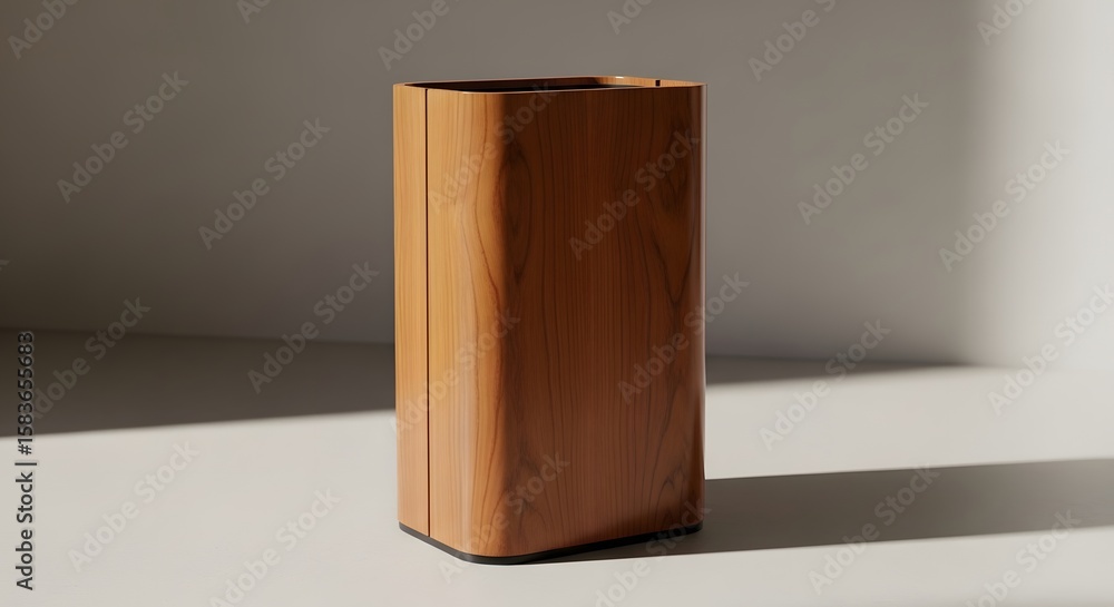 Poster a wooden rectangular container with rounded edges sitting on a white surface in a softly lit room