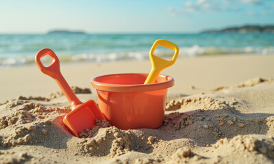 A Child's Colorful Plastic Bucket and Spade, with a Look of Nostalgic Fun, Half-Buried in the Sand on an Empty Beach