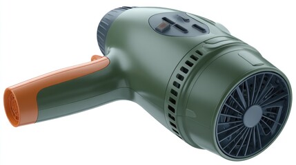 Olive-green handheld device with an orange handle, resembling a hairdryer but with a visible rear fan and control panel.  It has a futuristic, slightly rugged design