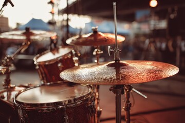 Obraz premium Close-up on a sparkling drum set with various cymbals, capturing a musical performance atmosphere