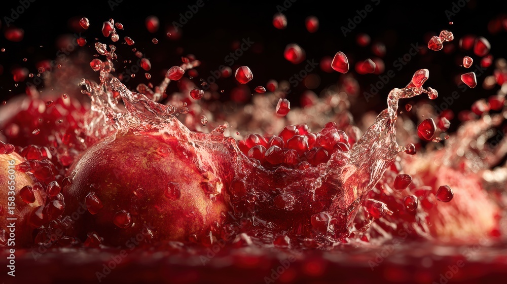 Poster fresh pomegranates splashing into water, creating dynamic droplets and waves, highlighting nature's 