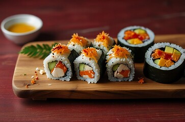 Delicious sushi rolls with fresh ingredients and dipping sauce on a wooden board