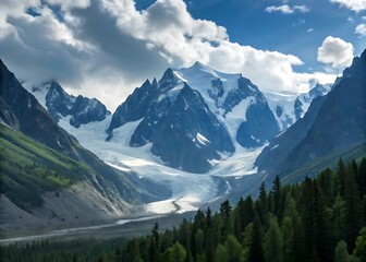 Fototapeta premium Majestic mountain range with glacier and forest high resolution photo