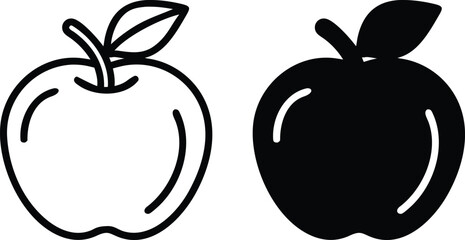Apple Fruit Icon Set – Black and White Fresh Apple with Leaf Vector Illustration