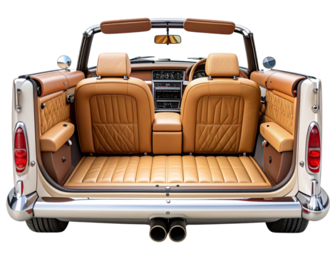 Rear 3/4 Angle of Classic Convertible with Tan Leather Interior and Open Doors, Transparent Background - Powered by Adobe