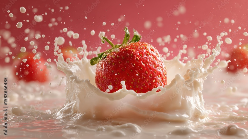 Poster fresh strawberry splashes into milk, creating a dynamic and appetizing scene with vibrant colors.