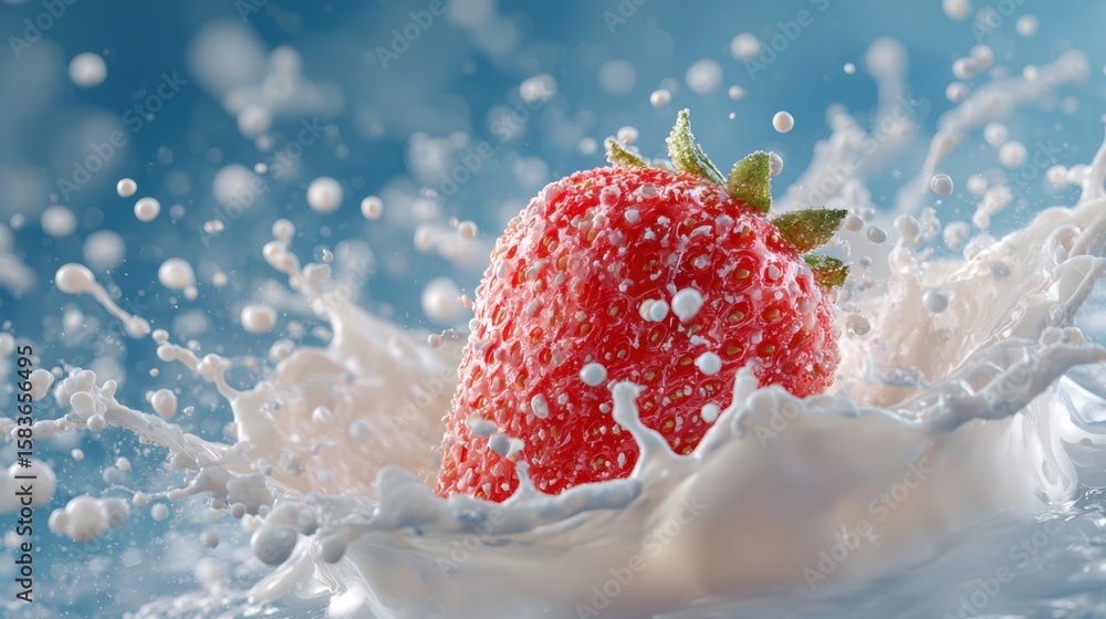 Poster fresh strawberry splashing into creamy milk, creating a refreshing and vibrant composition.
