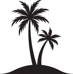 Two black silhouette palm trees on a small island