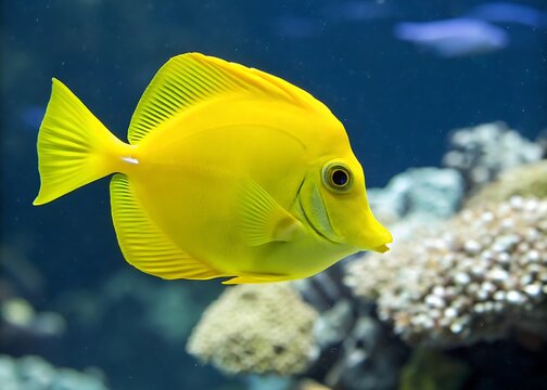 Yellow tang fish swimming in clear blue water with coral reef background high resolution photo